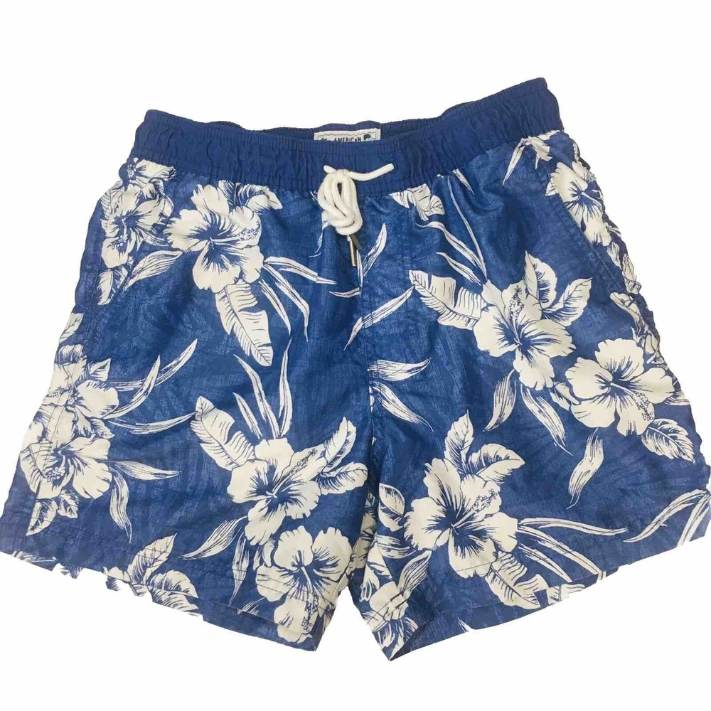 Mens XS Blue Hibiscus Hawaiian Print Swim Shorts with Pockets Extra Small NEW